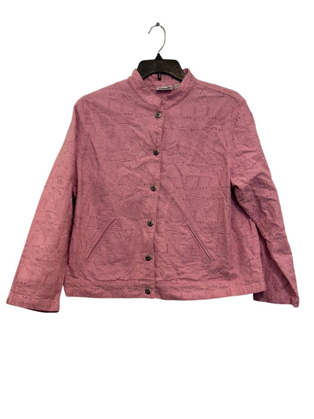 Chicos Design Pink Embroidered Jacket Size 3 Button Front 100% Cotton Womens